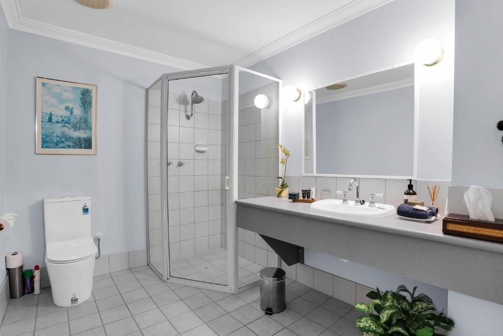 A modern bathroom with a shower, toilet, sink, and mirror.
