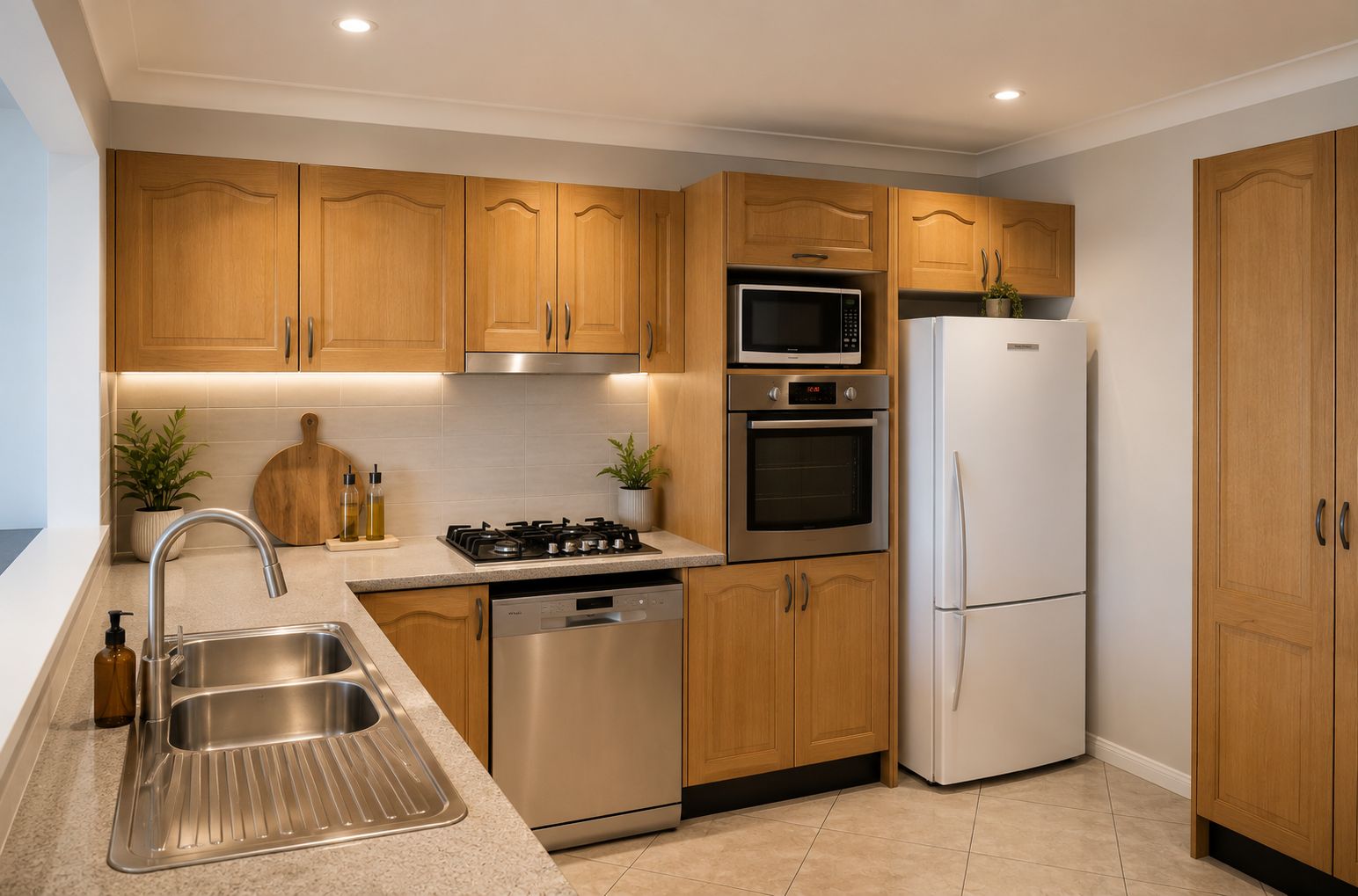 Une cuisine moderne avec des meubles en bois, des appareils électroménagers en acier inoxydable, un évier et un lave-vaisselle.