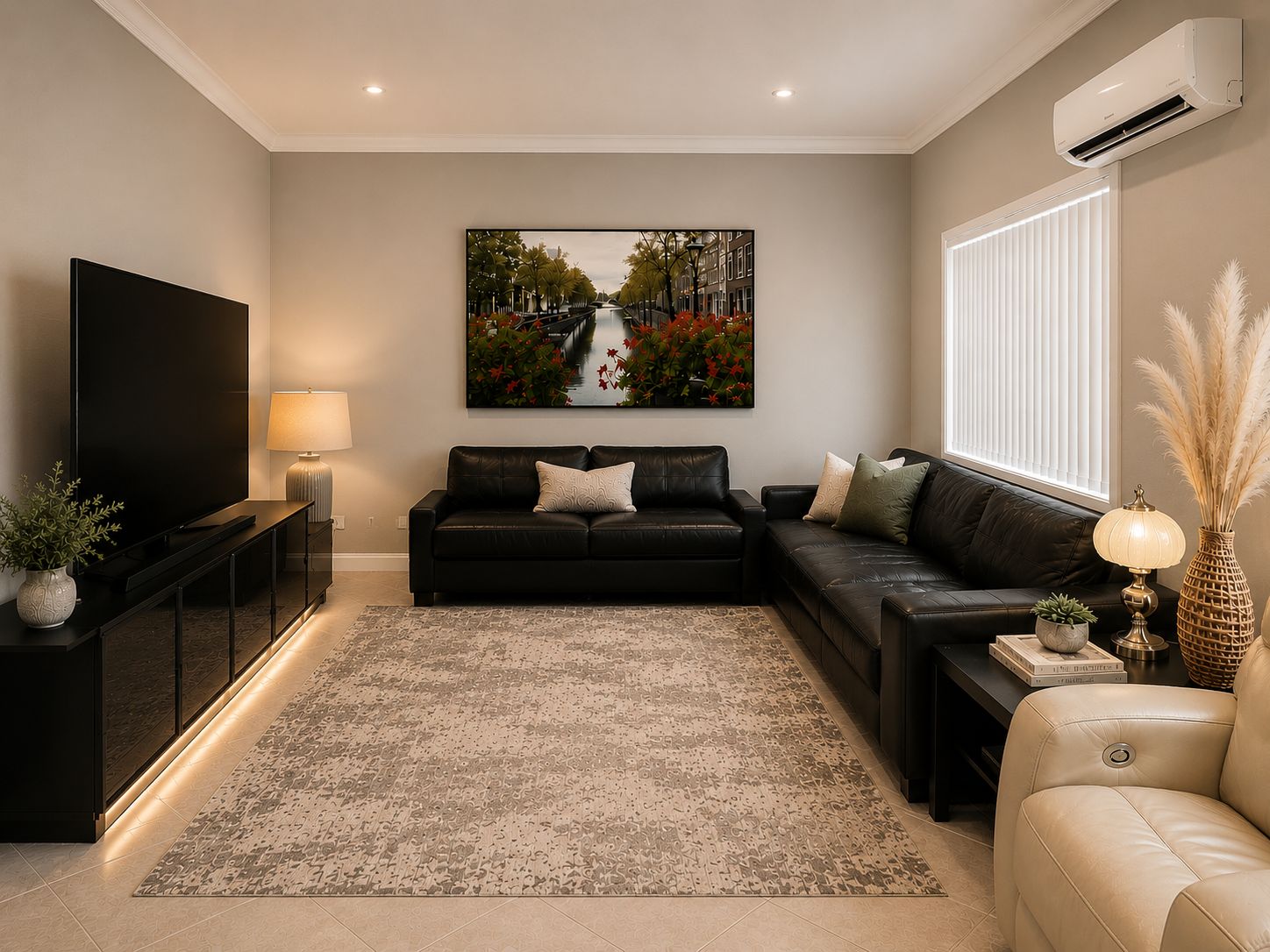 A modern living room with a flat-screen TV, two sofas, a coffee table, and a large painting on the wall.