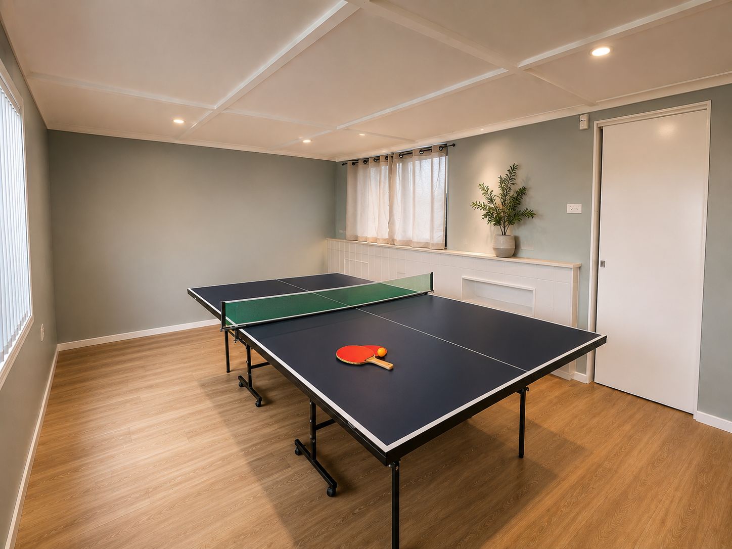 A room with a ping pong table, a potted plant, and a window with curtains.