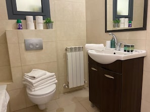A bathroom with a toilet, a sink, a mirror, and a towel rack. - Mesilat Yesharim Penthouse  (Jerusalem)