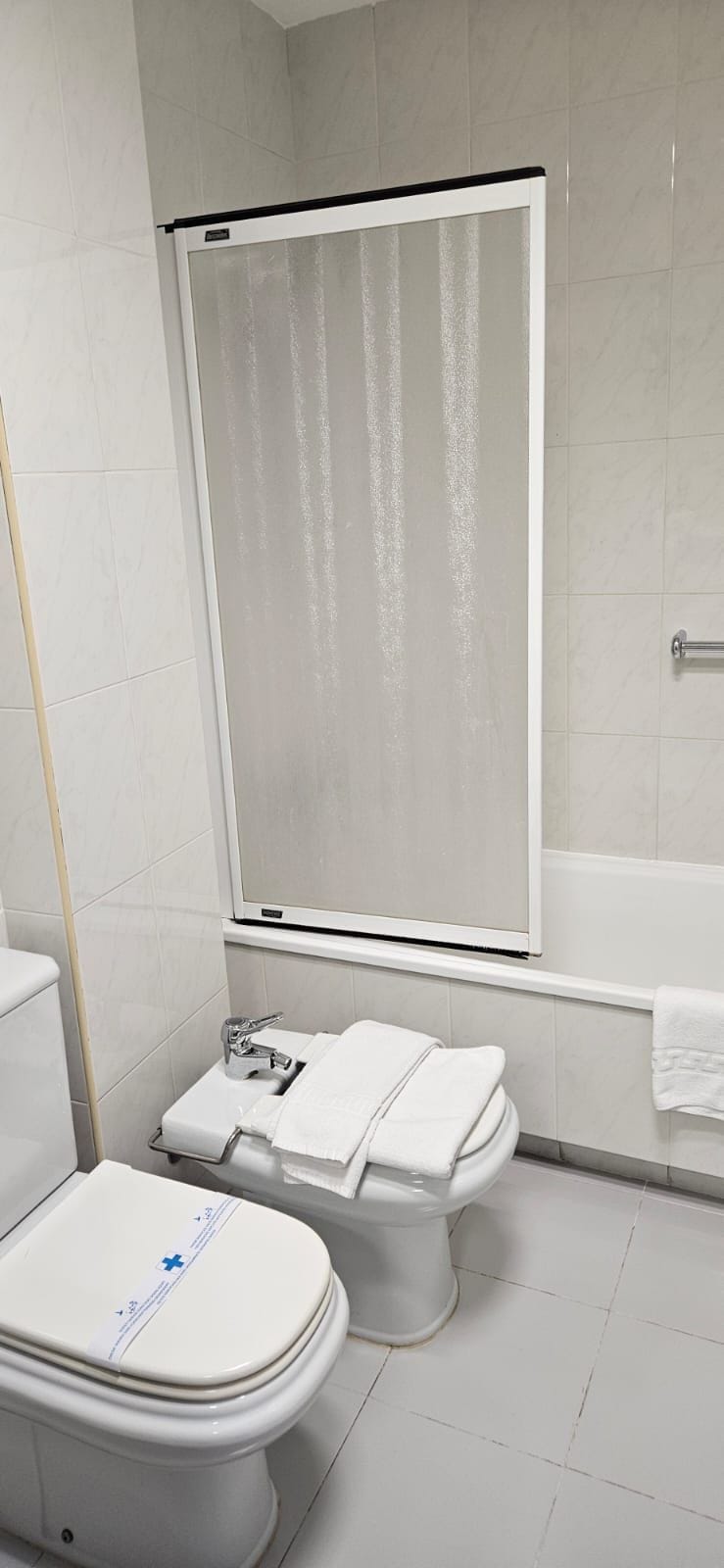 Et badeværelse med toilet, bidet og bruseområde.