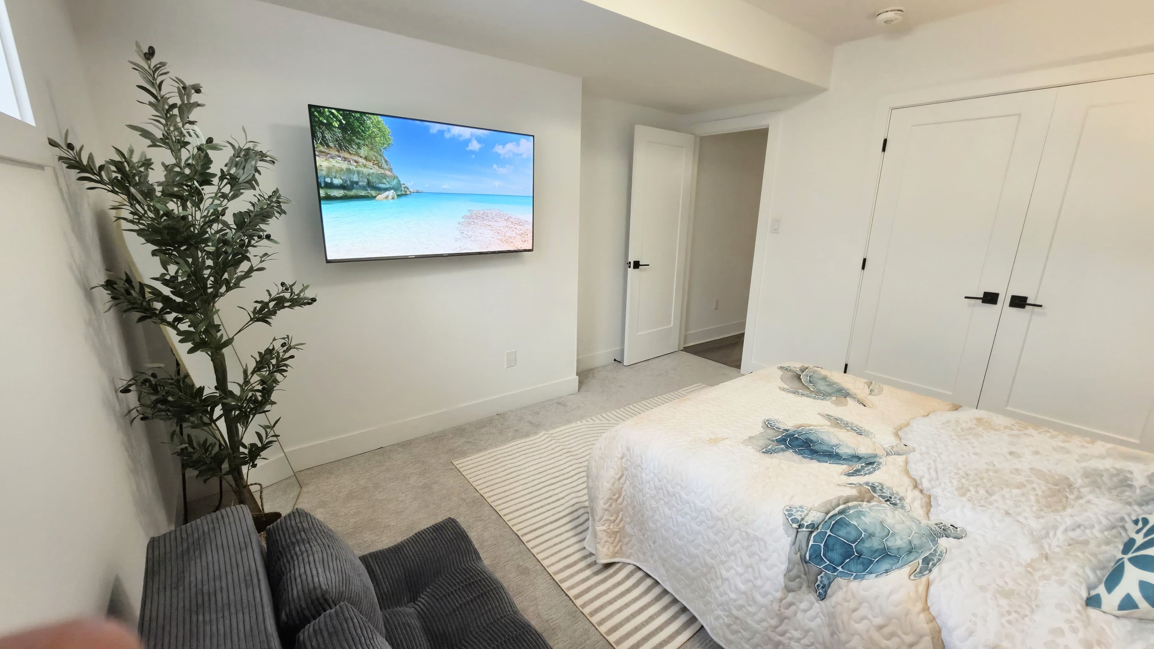 Ein Schlafzimmer mit einem Bett, einem Fernseher an der Wand, einer Pflanze und einer Tür.