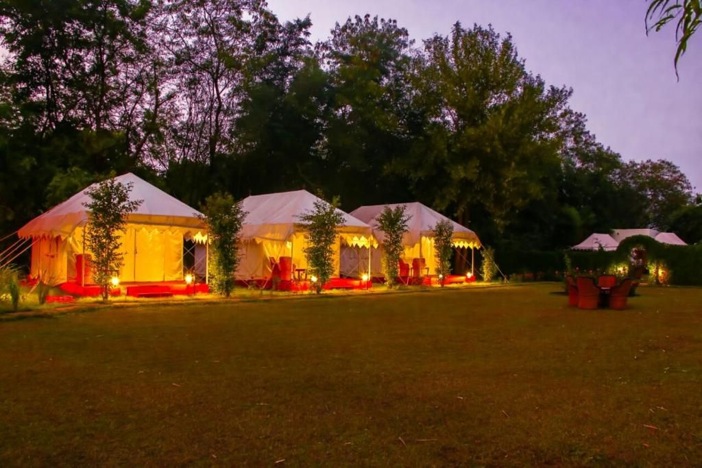A row of tents with a flat roof, surrounded by trees and grass.