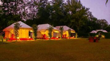 A row of tents with a flat roof, surrounded by trees and grass.