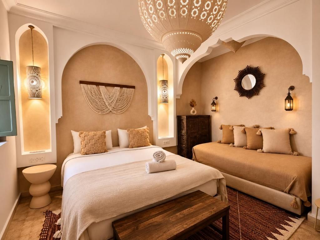 Une chambre d’hôtel avec un grand lit, un petit canapé, un banc en bois et un tapis à motifs.