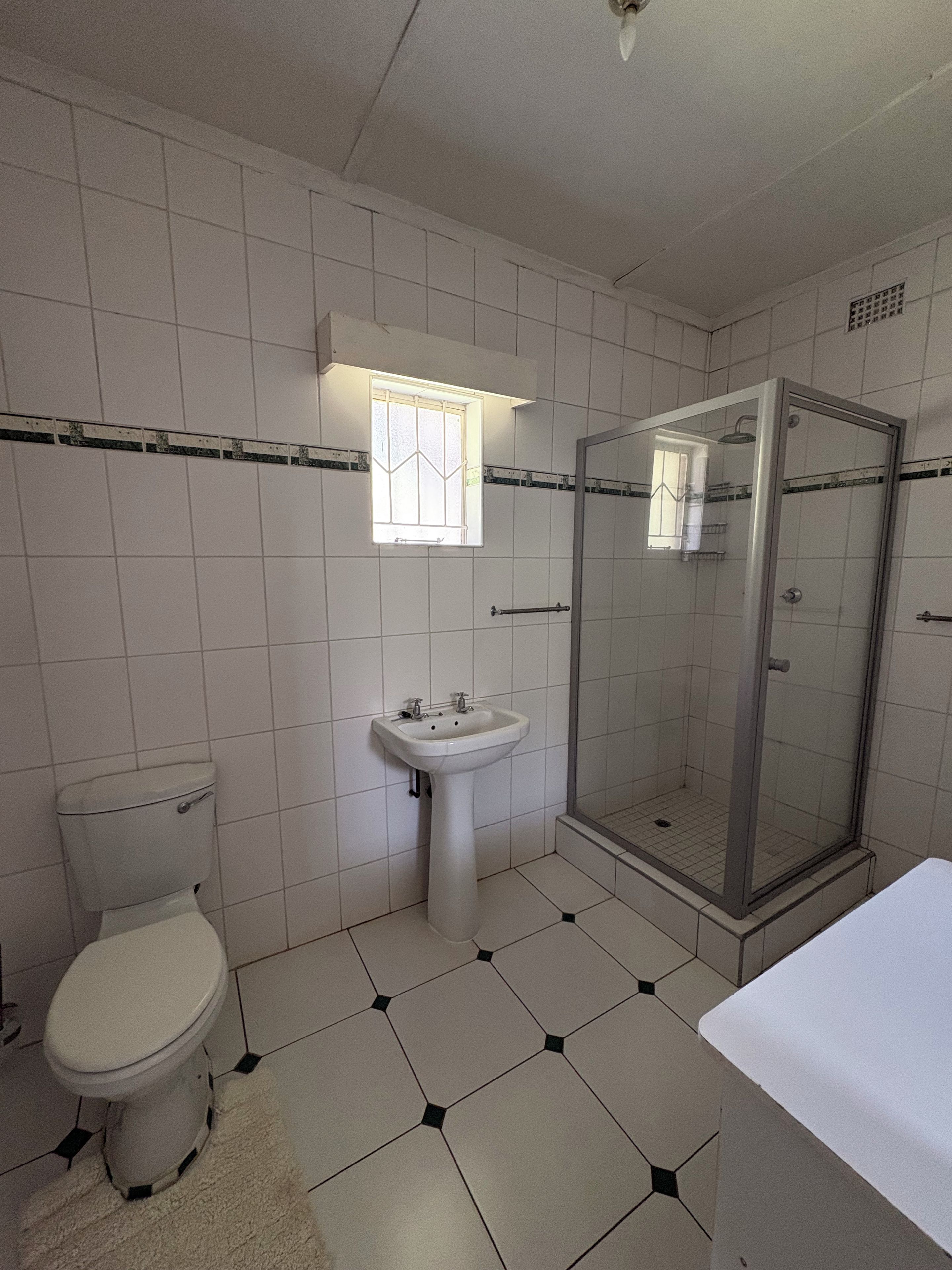Un baño con inodoro, lavamanos y ducha envuelta en vidrio.