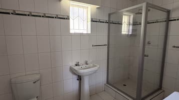 Un baño con inodoro, lavamanos y ducha envuelta en vidrio.