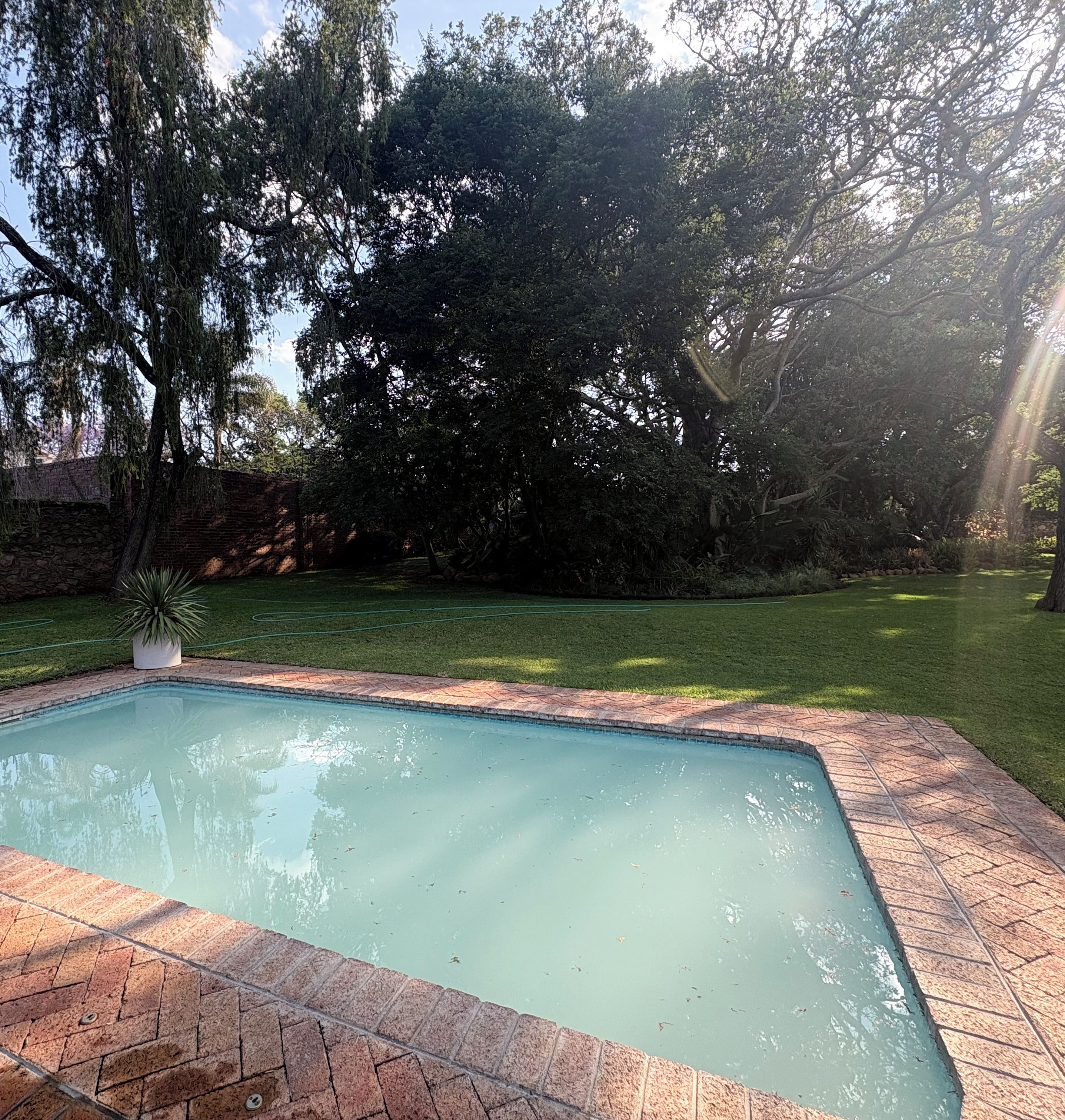 Una piscina con borde de ladrillo, rodeada de césped y árboles.