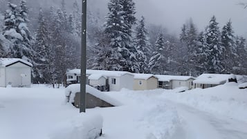 Ein schneebedecktes Wohngebiet mit Häusern und einem Berg im Hintergrund.