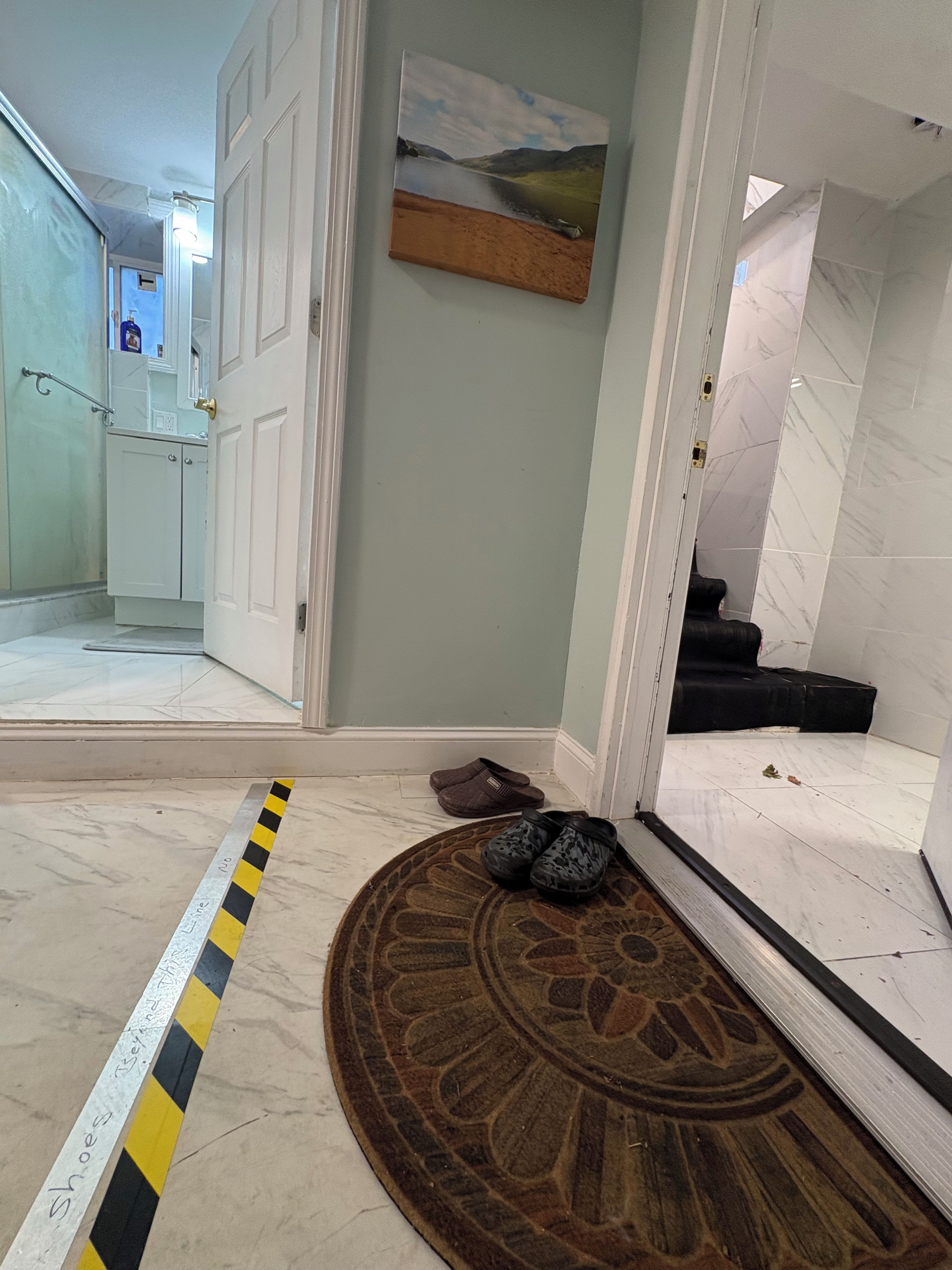 A hallway with a door leading to a bathroom, a patterned rug, and a pair of shoes on the floor.