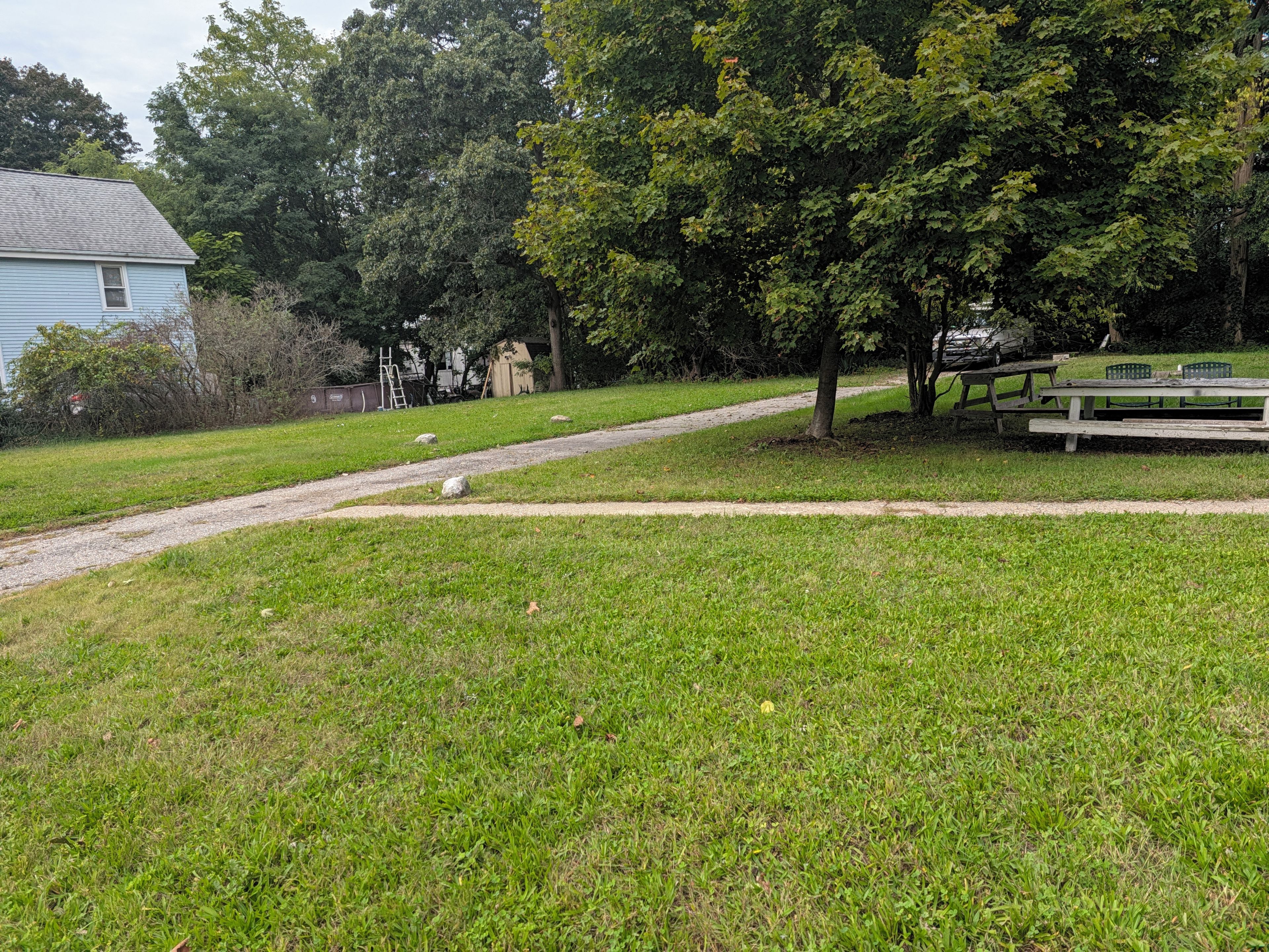 Ein Rasen mit einem Kiesweg, Picknicktischen und einem Baum.