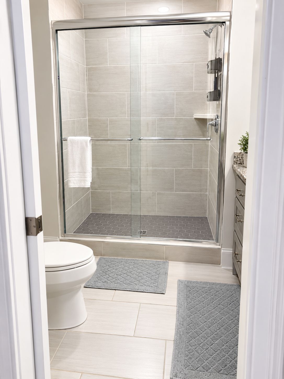 Een moderne badkamer met een douchecabine van glas, een toilet en een wastafel.