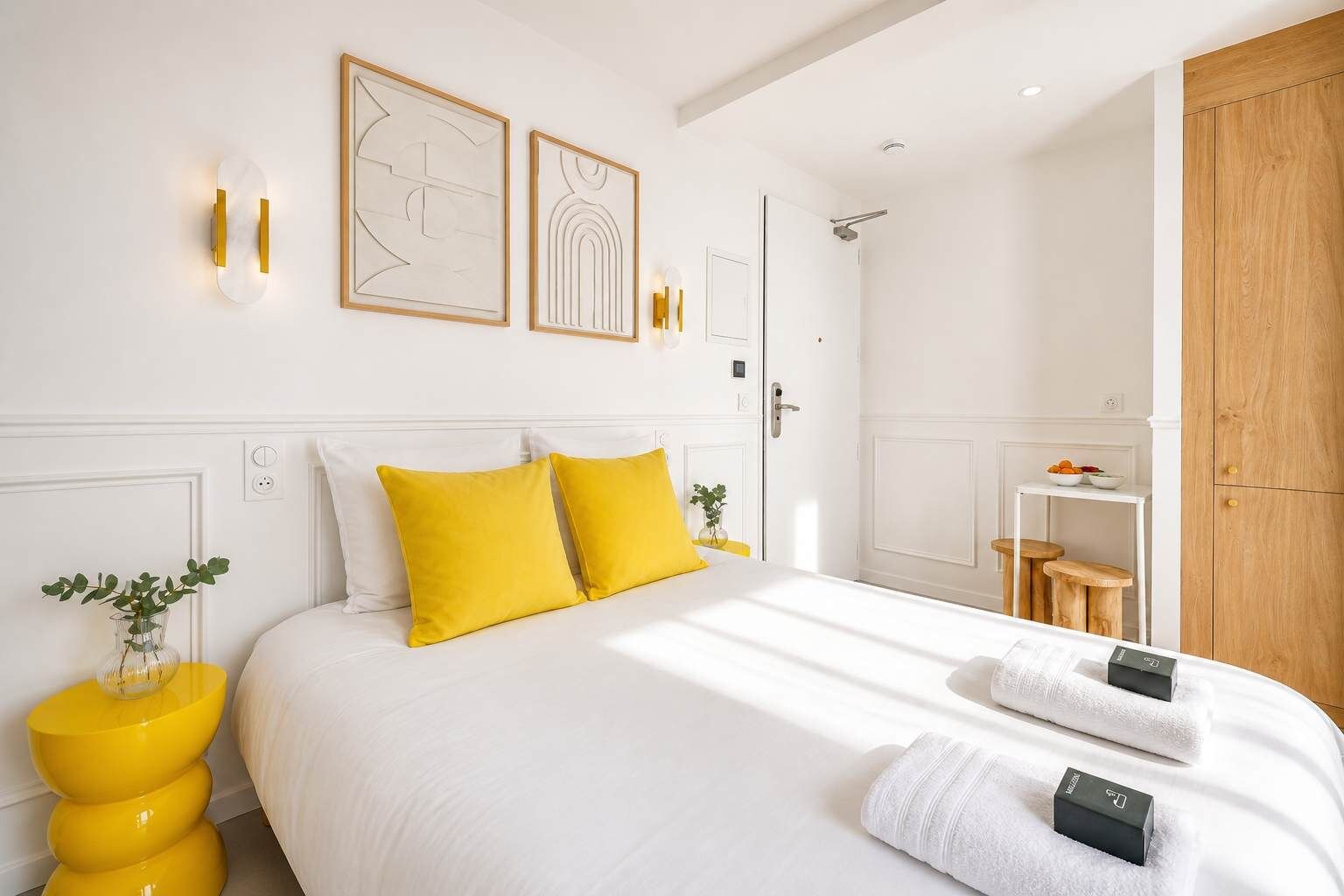 A modern hotel room with a large bed, a wooden wardrobe, a small wooden stool, and a white bedside table with a vase.