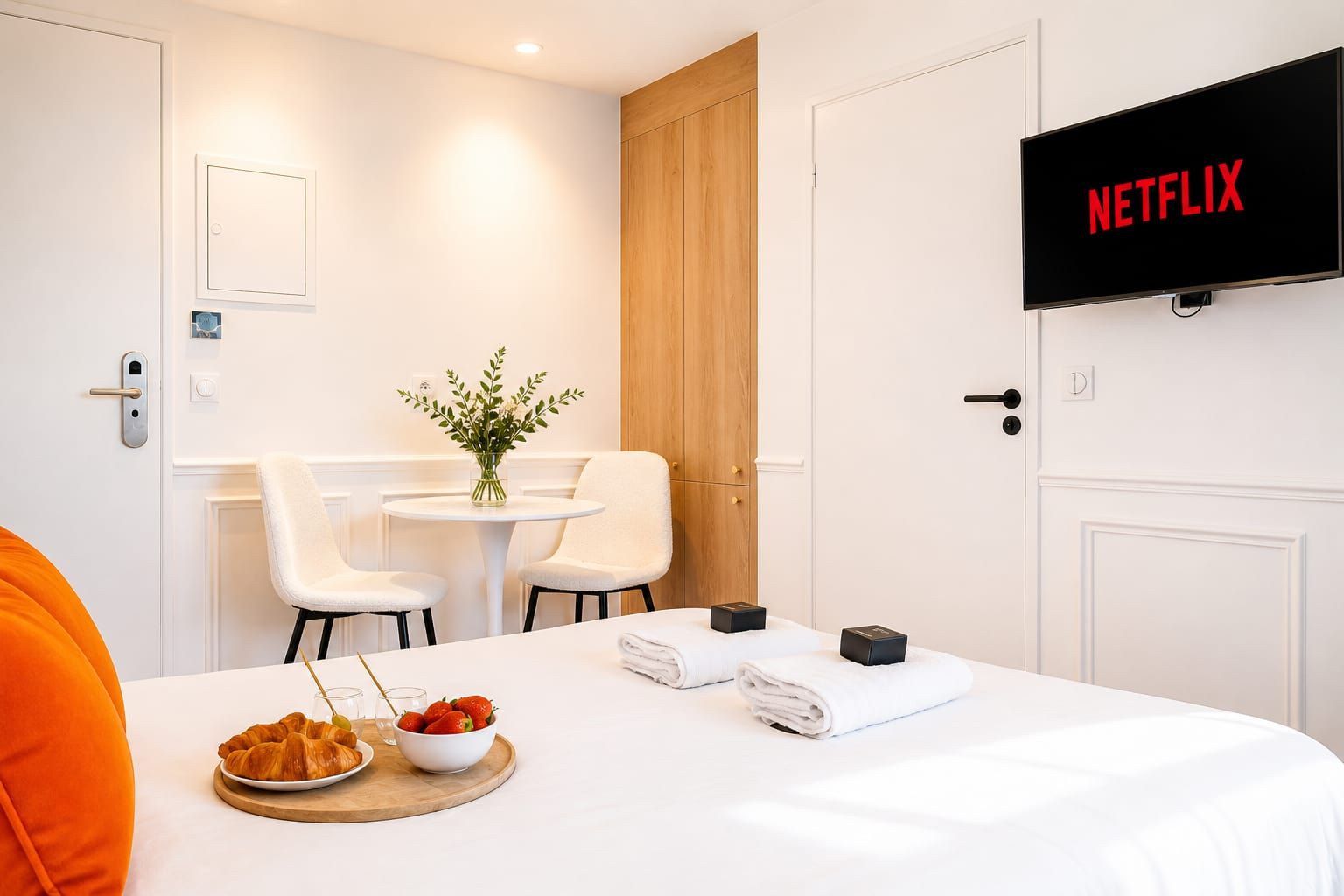 Una habitación de hotel con cama, una mesa con desayuno, un televisor mostrando 'NETFLIX' y una puerta de madera.