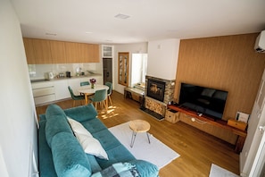 A modern living room with a sofa, a fireplace, and a television.
