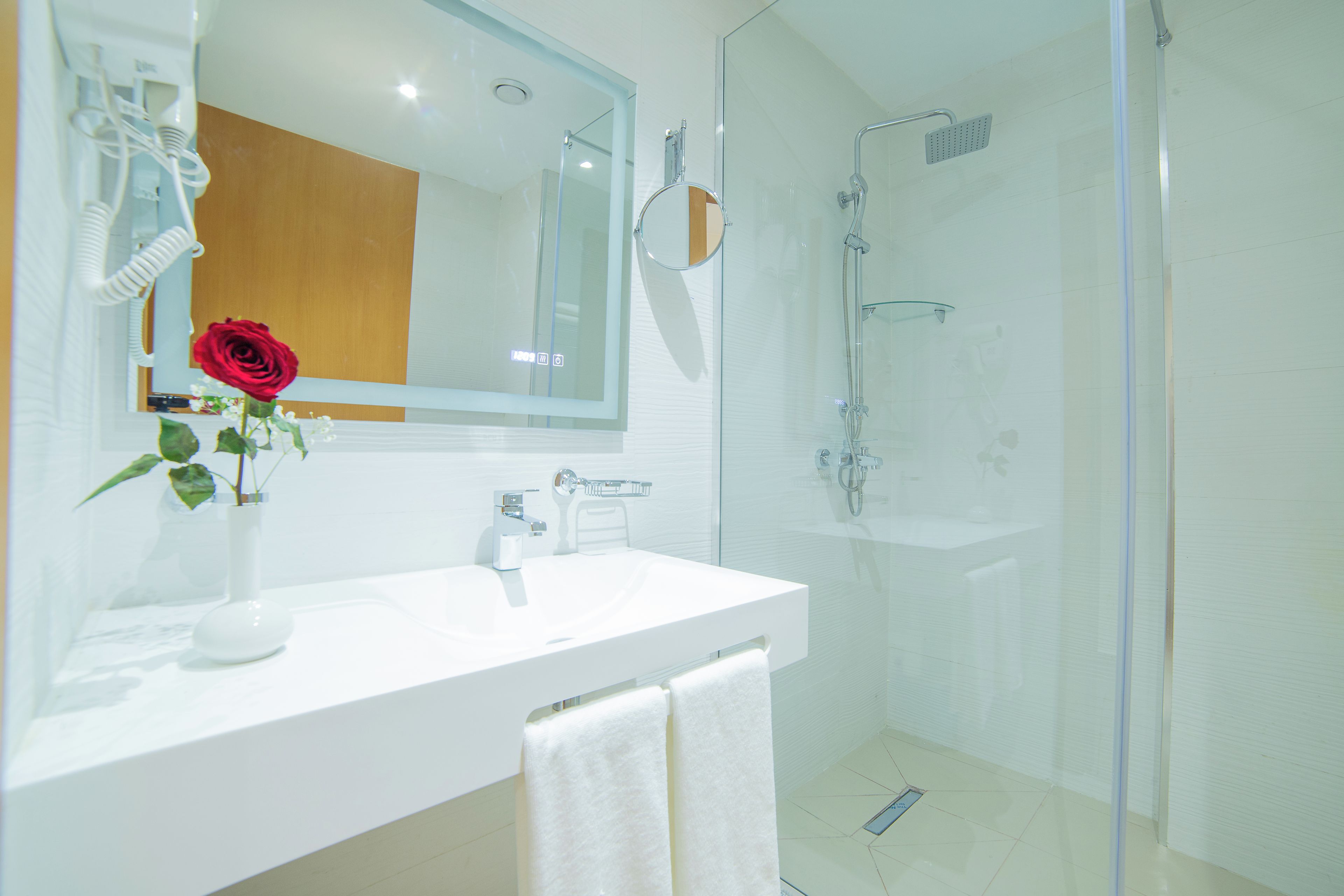 A modern bathroom with a white sink, a mirror, a rose, and a glass-enclosed shower area.