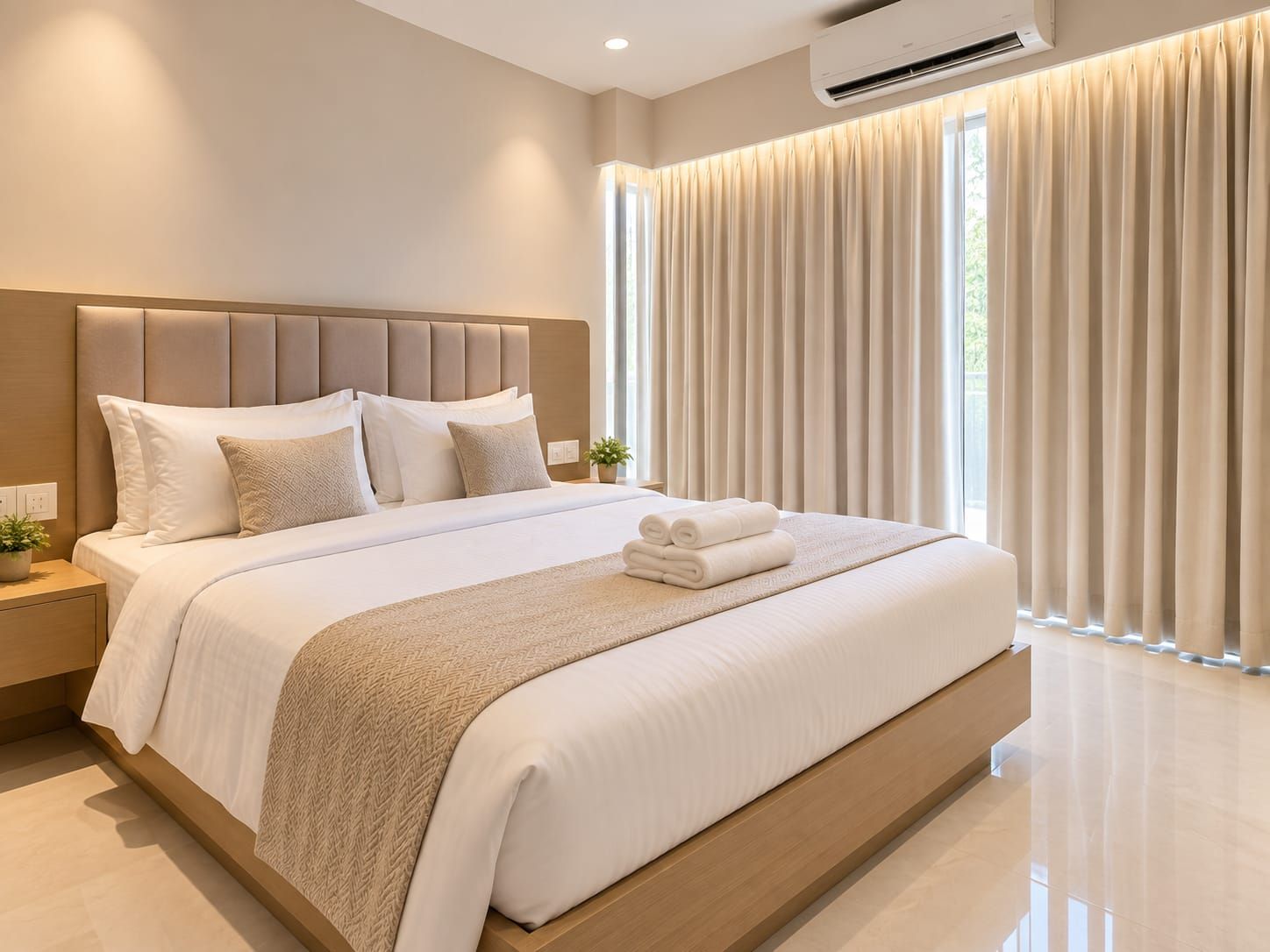 Quarto de hotel moderno com uma cama grande, cabeceira, mesa de cabeceira com abajur e janela com cortinas.