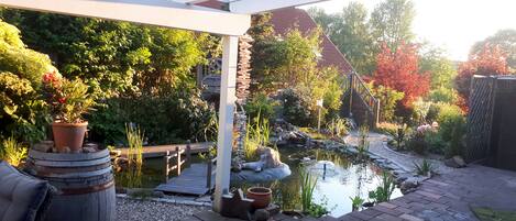 A garden with a pond, a wooden bridge, and a pergola.