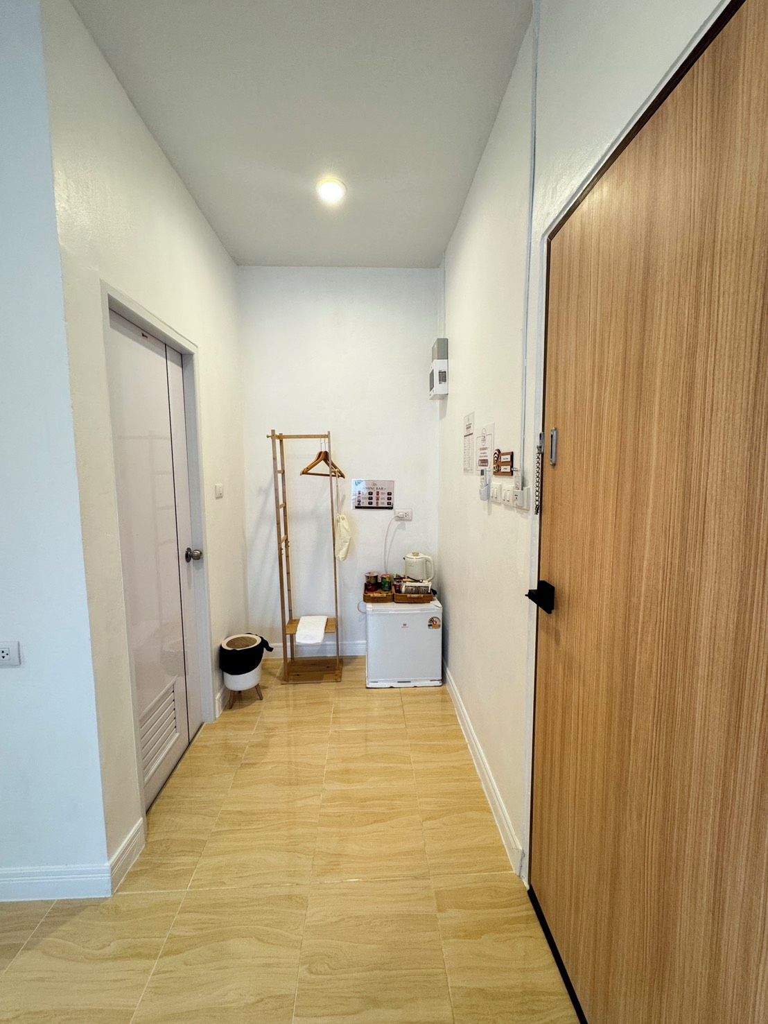 A narrow hallway with a wooden door on the right, a white wall, and a small white appliance on the left.