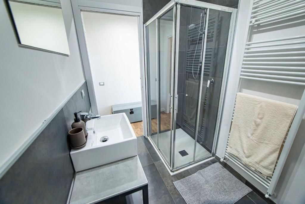 Un bany modern amb una dutxa de vidre, un lavabo blanc i un escurapulides.