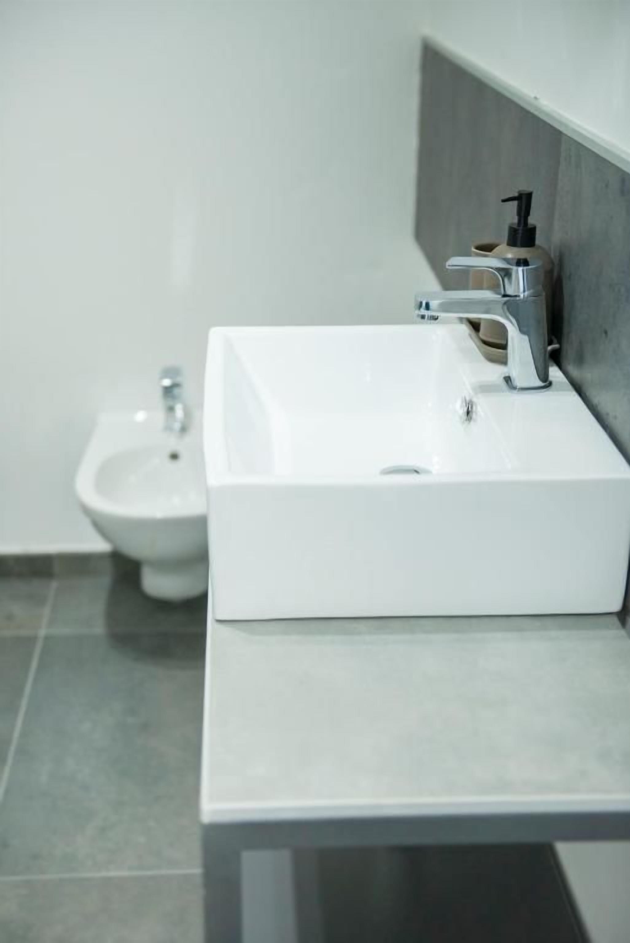 Ein modernes Badezimmer mit einem weißen Waschbecken, einem Bidet und einem Spiegel.