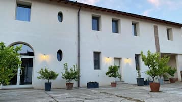 Edifici amb façana blanca, nombroses finestres i un pati empedrat amb plantes en testos.