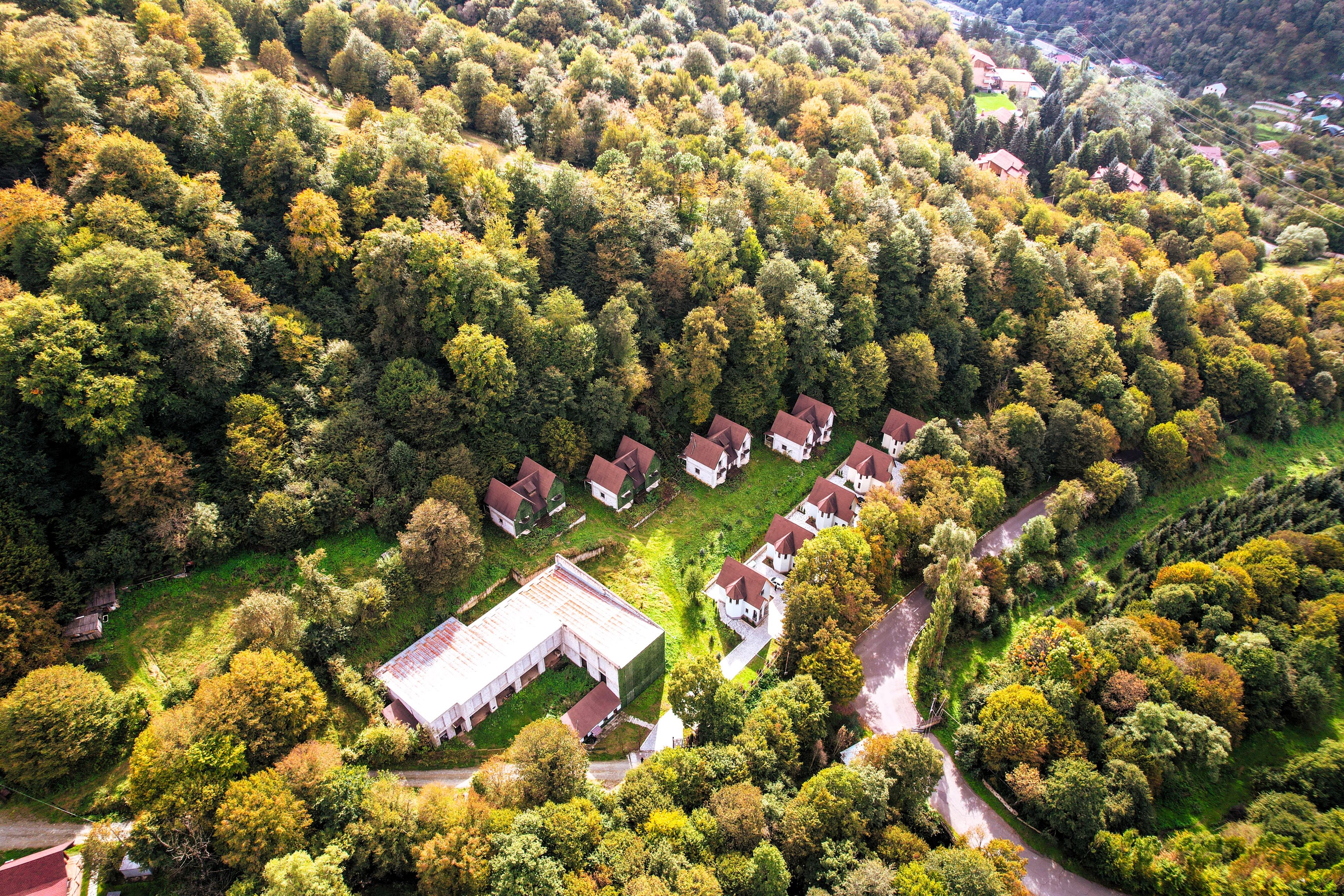 Un conjunto de casas tradicionales con techos inclinados, rodeadas de un bosque frondoso, y un edificio principal con un techo grande y plano.