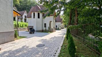 Ein gepflasterter Weg führt an einer Reihe von Häusern vorbei, vor denen Autos geparkt sind.