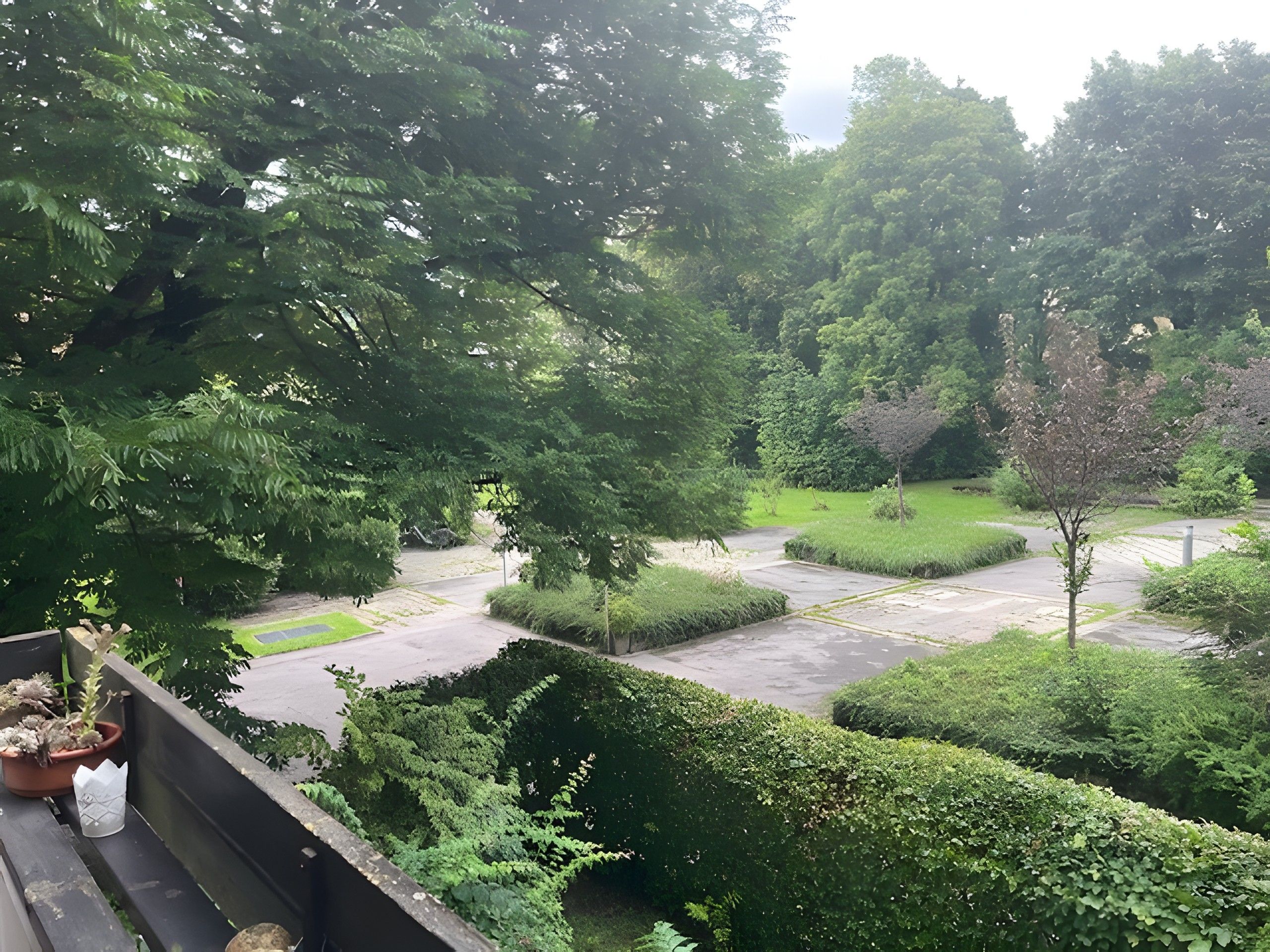 Ein angelegter Garten mit Wegen, Hecken und Bäumen.