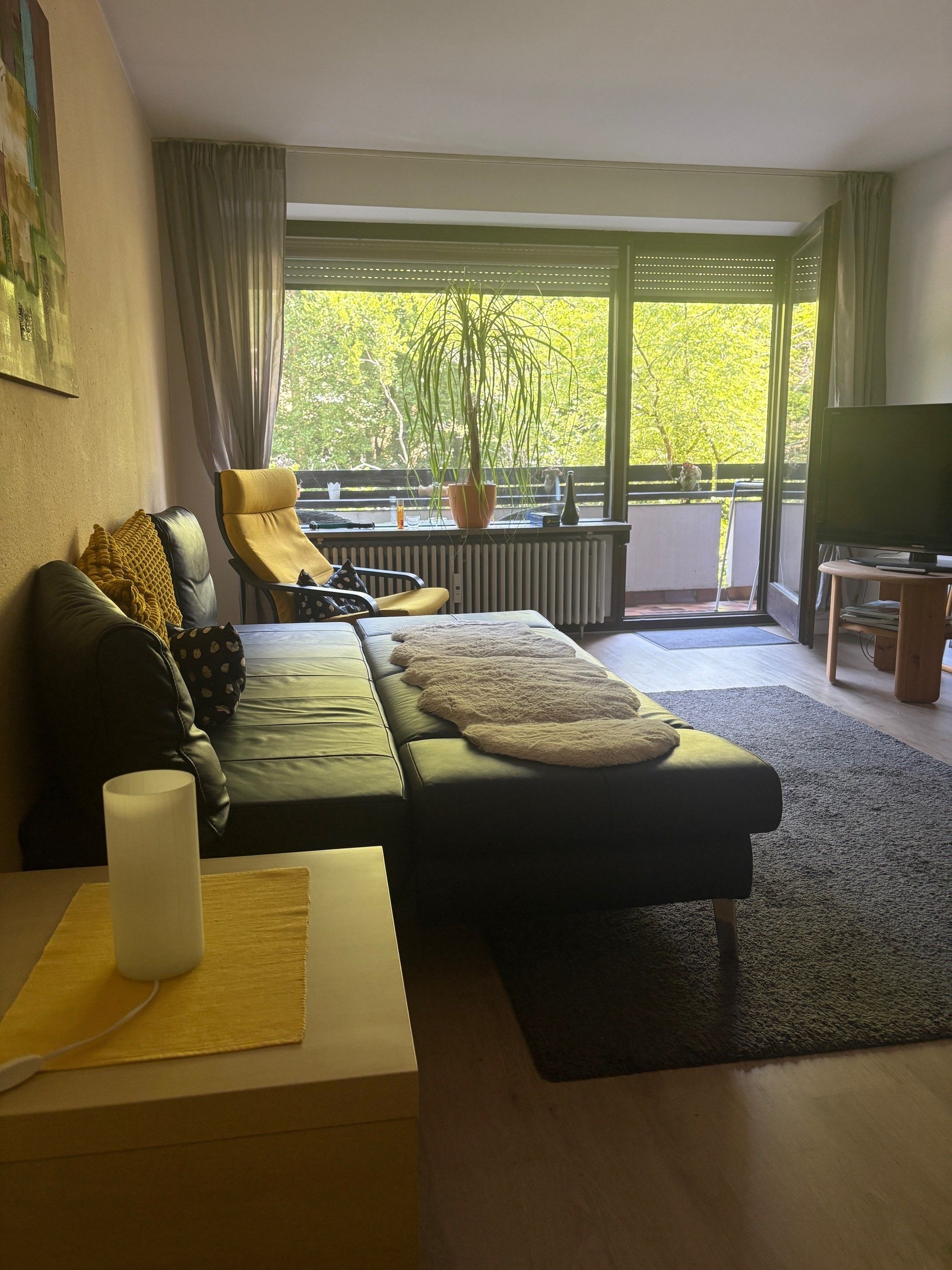 A modern living room with a sofa, a chair, a television, and a large window with a view of greenery.