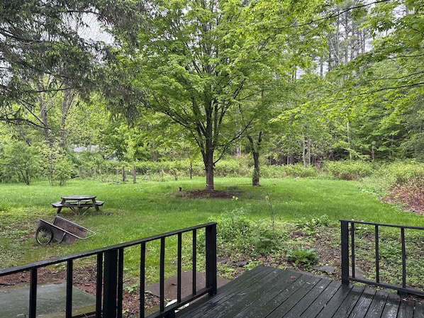 A wooden deck with a metal railing, a picnic table, and a wheelbarrow in a grassy area with trees.