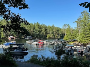 Un lago tranquilo con barcos amarrados a la orilla, rodeado de un bosque denso.