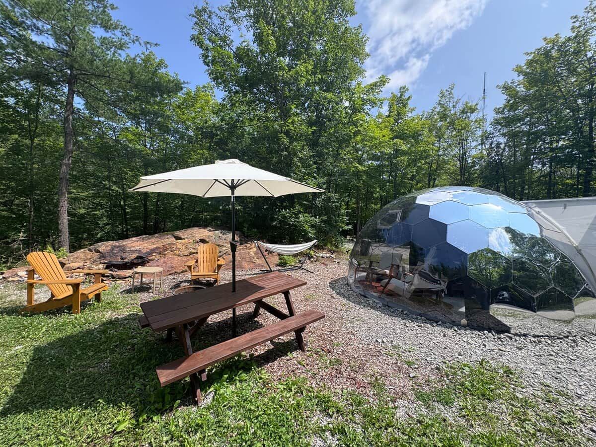 An outdoor seating area with a picnic table, chairs, and a hammock.