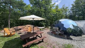 An outdoor seating area with a picnic table, chairs, and a hammock.