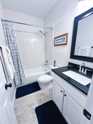 Ein Badezimmer mit Badewanne, Toilette, Waschbecken und Dusche.