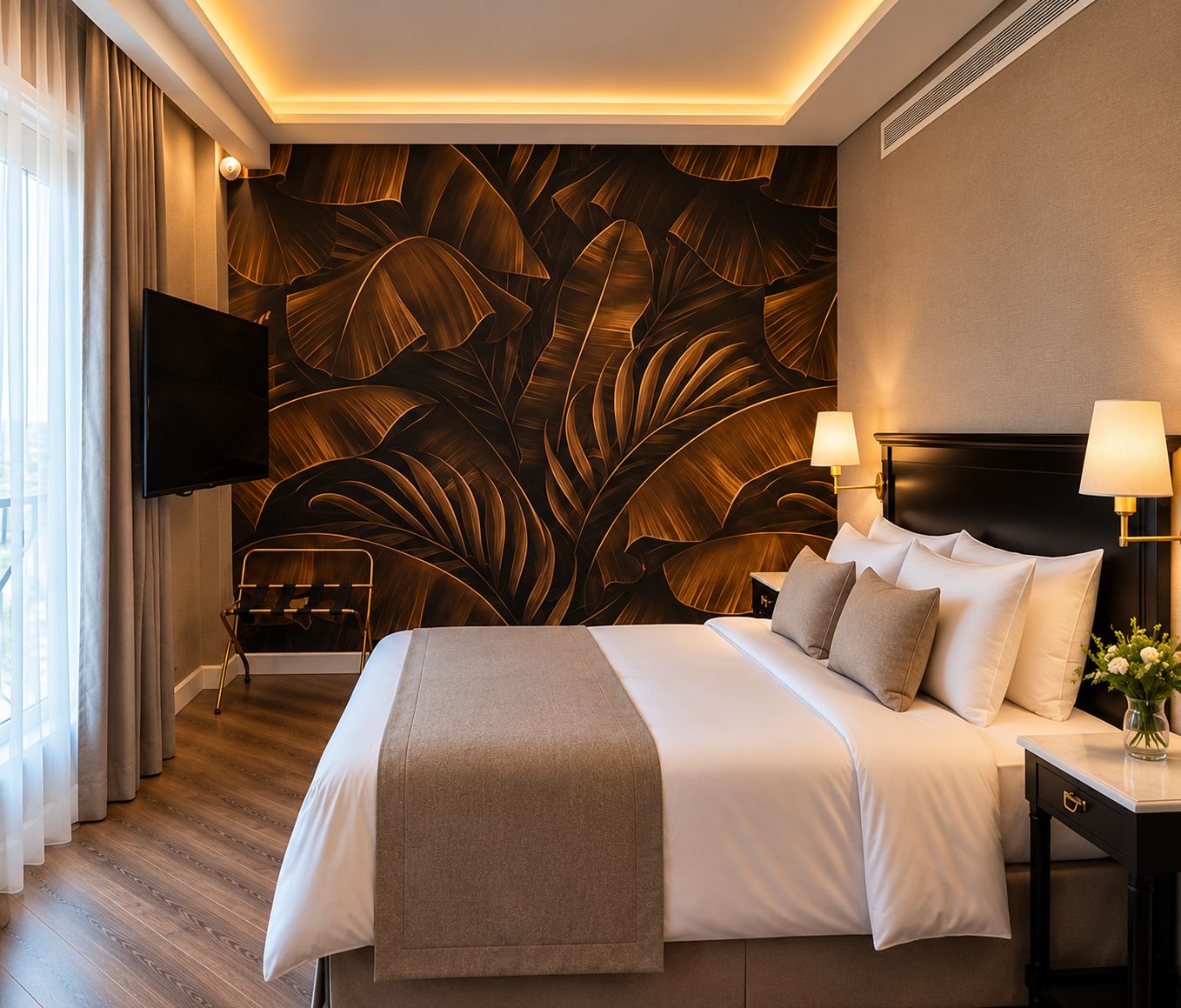 Habitación de hotel con una cama grande, un televisor de pantalla plana, una pared con diseño de hojas y una mesita de noche con lámpara.