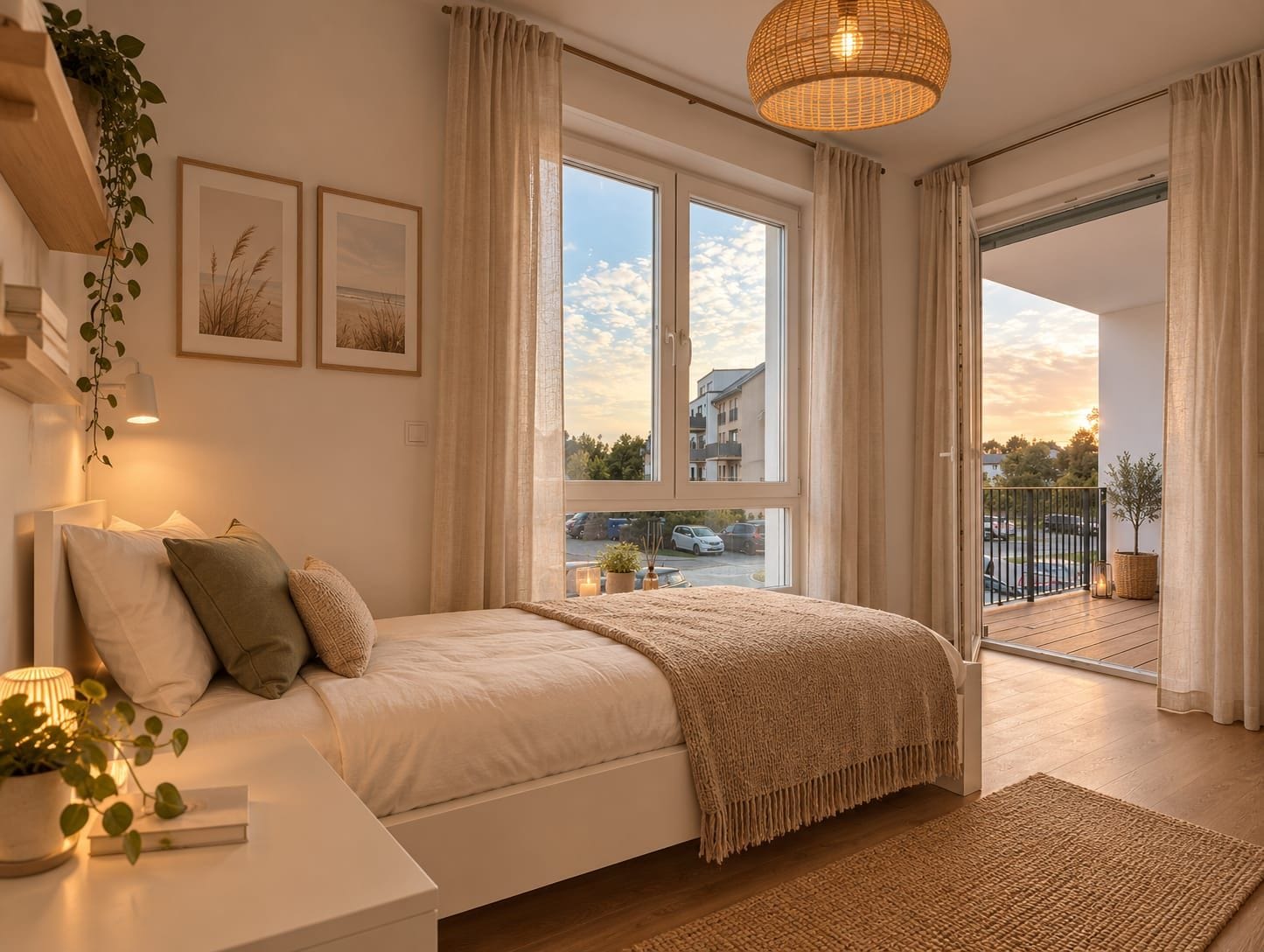 A bedroom with a bed, bedside tables, a window, and a view of the outside.