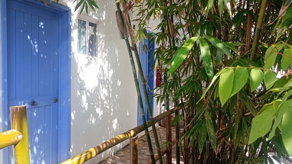 Une porte bleue, un escalier et une plante de bambou.