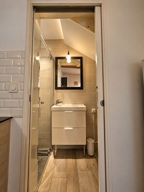 Een moderne badkamer met een wastafel, spiegel en douche.