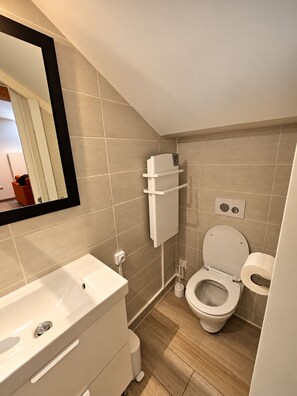 A modern bathroom with a toilet, sink, and mirror. - Vrbo Property (Toulouse)