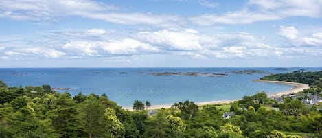 A coastal landscape with a beach, boats, and dense greenery.