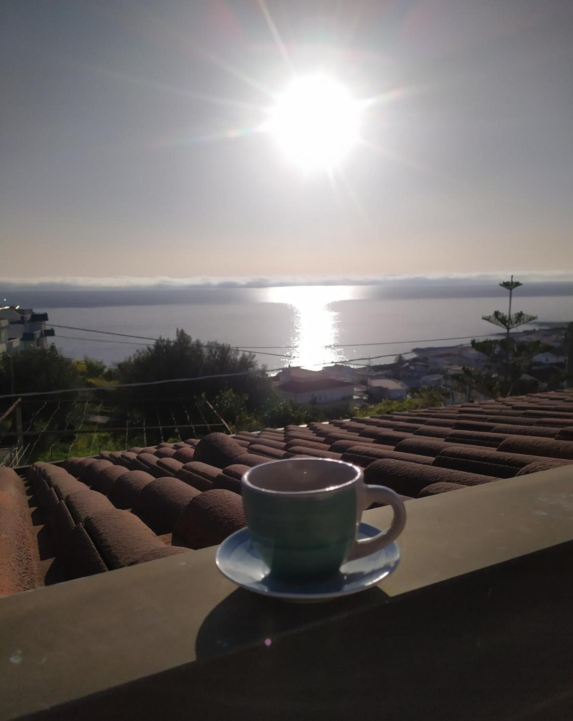 A cup on a table with a view of a body of water and distant buildings.