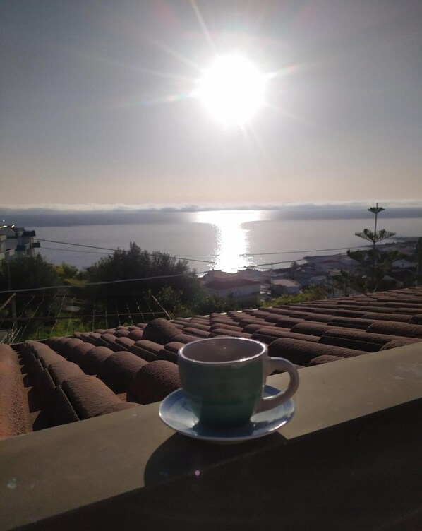 A cup on a table with a view of a body of water and distant buildings.