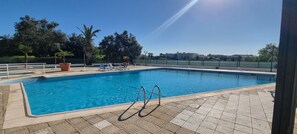 Ein rechteckiger Swimmingpool mit Fliesen umgeben, mit einer Umzäunung und Palmen im Hintergrund.