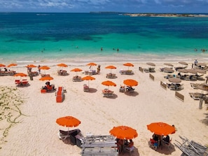 A beach with rows of sun loungers and umbrellas, a clear blue sea, and a sandy shore. - Cosy, a tropical haven steps from the beach (Saint-Martin)