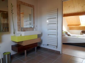 A bathroom with a modern sink, mirror, and a shower area. - Guest Rooms 'La Maison Des Étangs  La Nature' with Lake View, Wi-Fi and Air Conditioning (Vinon)