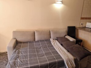 A room with a sofa bed, a blanket, and a speaker. - Entire 3 bedroom unit- 5 min to CBD, Hannan street (Piccadilly)