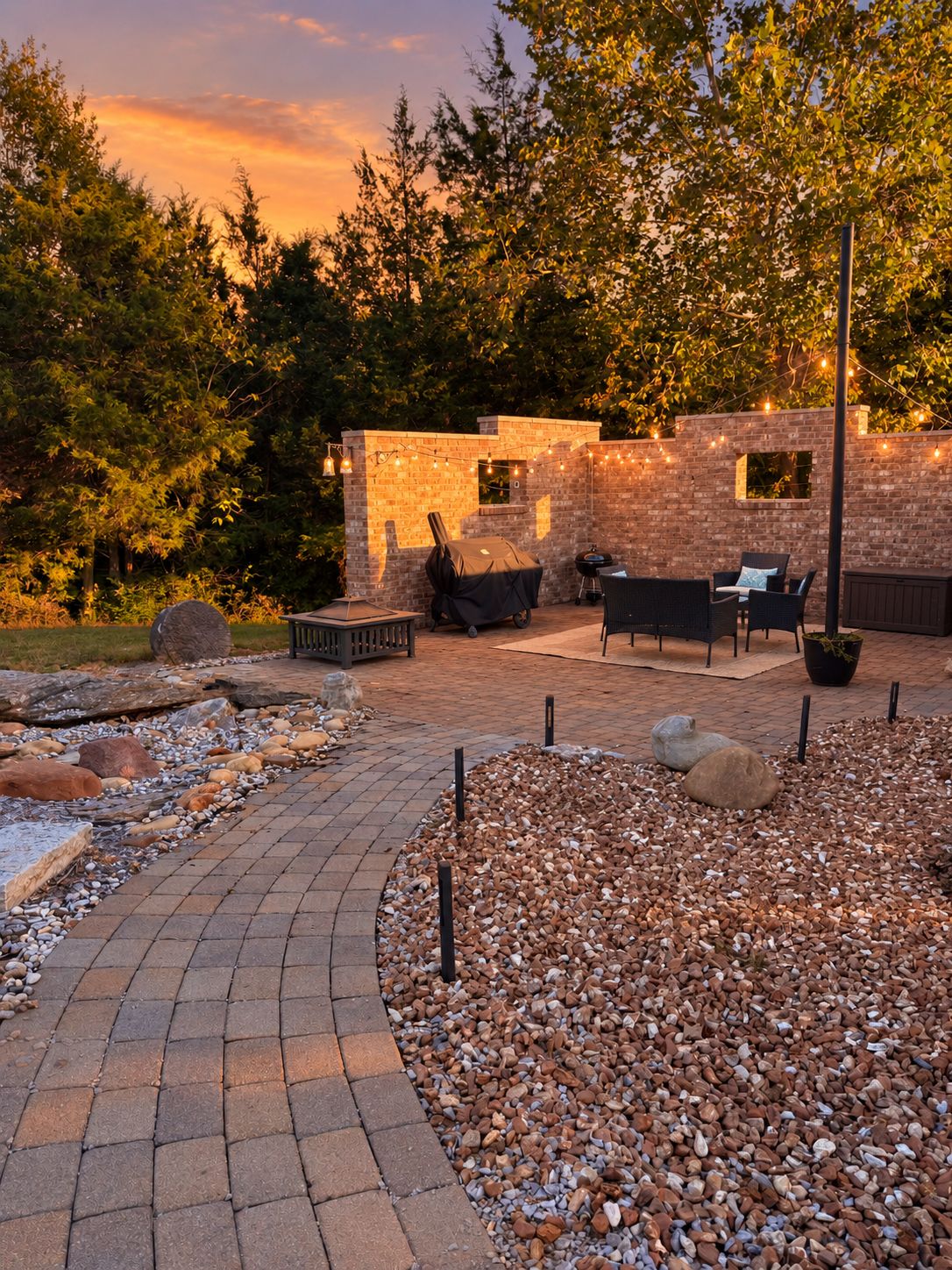 A patio area with a brick wall, outdoor furniture, and string lights.