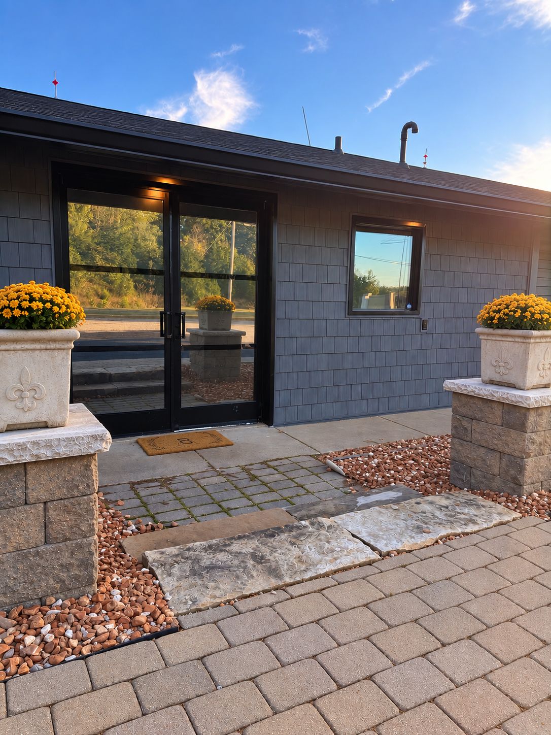A modern building with a black entrance door, two potted plants with yellow flowers, and a clear sky.